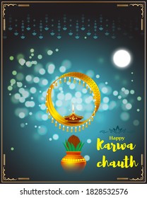 Vektorbanner von Happy Karwa Chauth, indisches Festival, poja Kalash, Diya, Vollmond, schöner Bokeh-Hintergrund, dekorative festliche Grußkartenbanner.