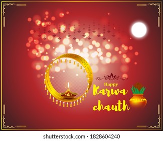 Vektorbanner von Happy Karwa Chauth, indisches Festival, poja Kalash, Diya, Vollmond, schöner Bokeh-Hintergrund, dekorative festliche Grußkartenbanner.