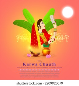Vector banner of Happy Karwa Chauth, written hindi text means heartiest greeting for Karwa Chauth,