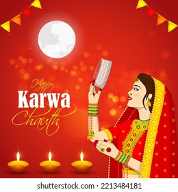 Vector banner of Happy Karwa Chauth, written hindi text means heartiest greeting for Karwa Chauth,