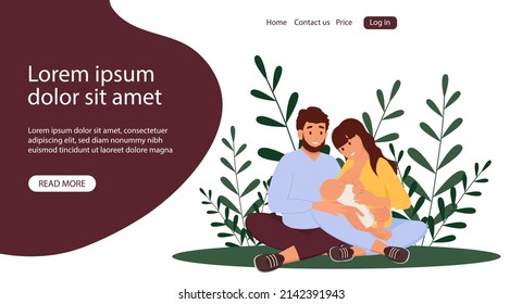 Vector banner. Happy mom and dad with their newborn baby.