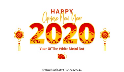 Vector banner with Happy New Year 2020 logo text design in Chinese style. Isolated  illustration of Rat zodiac sign, symbol of 2020 on the Chinese calendar. Chinese elements for New Year's design