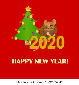 Vector banner with happy New year. Rat zodiac sign, symbol of 2020 year. Isolated on red background.