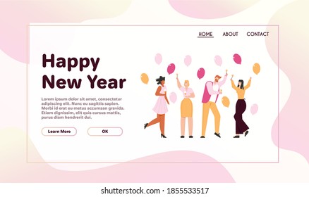 Vector banner of Happy New Year concept. Group of happy people with sparklers, blowing party horn, smiling, flying confetti at Christmas Party. Character illustration of celebration holiday event