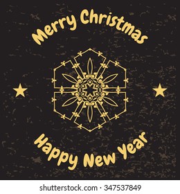 Vector banner Happy New Year and Merry Christmas. Stylized snowflake for greeting cards, leaflets, flyers. Stylish New Year's symbol.
