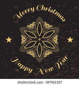 Vector banner Happy New Year and Merry Christmas. Stylized snowflake with the word for greeting cards, leaflets, flyers. Stylish New Year's symbol.