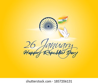 Vector banner of Happy Republic day, 26 january, national holiday of India, Indian flag, ashoka chakra, pigeon, template for website.