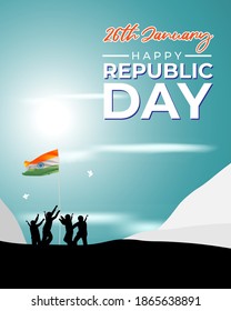Cartel vectorial del Día de la República Feliz, 26 de enero, fiesta nacional de la India, bandera abstracta de la India, ashoka chakra, soldados, izamiento de banderas, plantilla para sitio web y medios sociales.