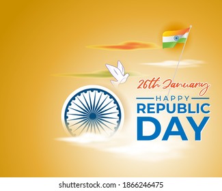 Vector banner of Happy Republic day, 26 january, national holiday of India, India flag, pigeon, template for website and social media.