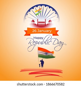 Vector banner of Happy Republic day, 26 january, national holiday of India, abstract India flag, ashoka chakra, template for website and social media.