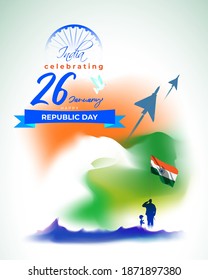Vector banner of Happy Republic day, 26 january, national holiday of India, soldier with rifle and helmet, airforce craft and pigeon on abstract tricolor background, template for website and social me
