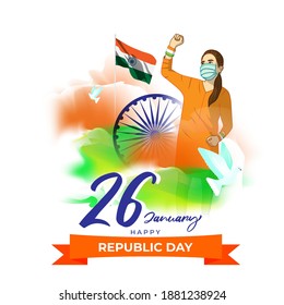 Vector banner of Happy Republic day concept banner, 26 january, national holiday of India, Indian flag, ashoka chakra, lady raising hand, pegion, illustration poster