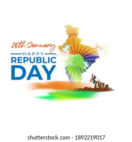 Vector banner of Happy Republic day, 26 january, national holiday of India, abstract India flag, ashoka chakra, soldiers, flag hoisting ,template for website and social media.