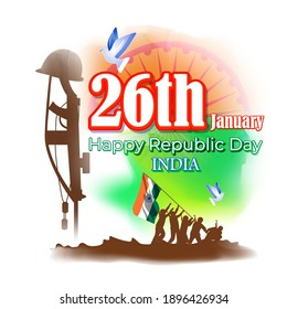 Vector banner of Happy Republic day, 26 january, national holiday of India, abstract India flag, ashoka chakra, soldiers, flag hoisting ,template for website and social media.
