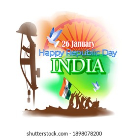 Cartel vectorial del Día de la República Feliz, 26 de enero, fiesta nacional de la India, bandera abstracta de la India, ashoka chakra, soldados, izamiento de banderas, plantilla para sitio web y medios sociales.
