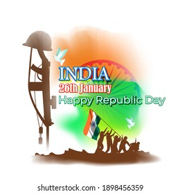 Cartel vectorial del Día de la República Feliz, 26 de enero, fiesta nacional de la India, bandera abstracta de la India, ashoka chakra, soldados, izamiento de banderas, plantilla para sitio web y medios sociales.