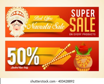 Vector banner or header of Navratri celebration,grand discount offers with shiny red background.