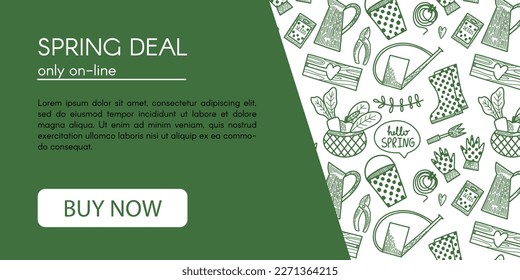 Vector banner header template for advertisement with spring summer gardening concept in doodle hand drawn style Equipment for Growing plants watering can, boots, seeds, gloves, vegetables, sedlings
