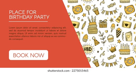 Vector banner header template for advertisement with happy birthday vector elements Handdrawn doodle outline line art icons for decoration greeting invitation cards Cakes, symbols of celebration
