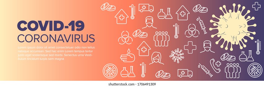 Vector banner header template with coronavirus illustration, icons and place for your information - yellow purple version