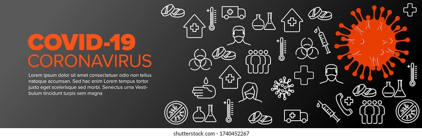 Vector banner header template with coronavirus illustration, icons and place for your information - black  red version