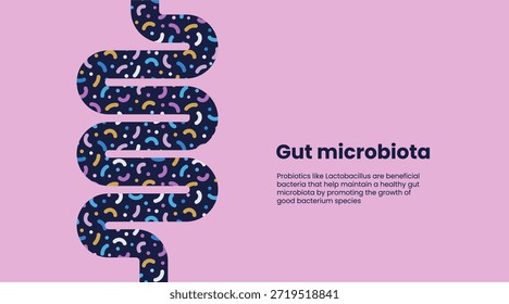 Banner de vetor com intestino saudável com intestino, probióticos, prebióticos e bactérias benéficas para uma digestão ideal.