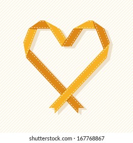 Vector banner with heart made from gold paper ribbon. Origami modern simple background with text box for presentation. Original greeting, invitation card Valentine's Day, Christmas, wedding, birthday