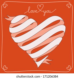 Vector banner with heart made from ribbon. Romantic vintage red background with text box for presentation, with frame and lettering - Love You. Original greeting card Valentine's Day and wedding