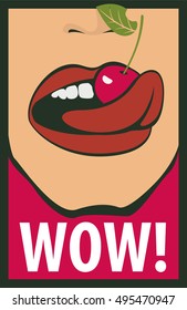 vector banner with hearts and a cherry in the mouth and the inscription wow