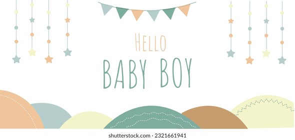 cartel vectorial hola bebé niño con una casilla de verificación linda y decoración de estrellas 