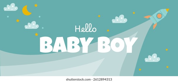 vector banner hello Baby boy with cute rocket and stars