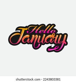 Vector banner Hello January, dark isolated sign with unique curly calligraphic font.EPS 10