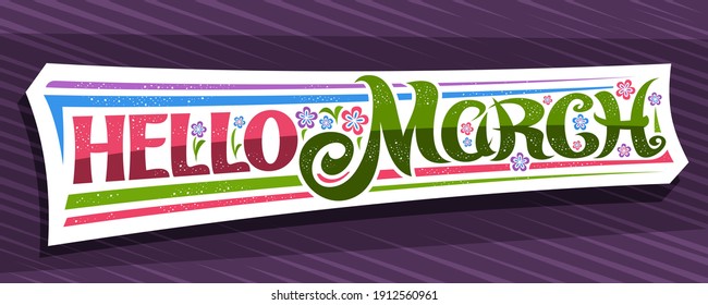 Vector banner Hello March, white modern label with curly calligraphic font, illustration of colorful flowers, decorative greeting card with unique swirly hand written lettering hello march on purple.
