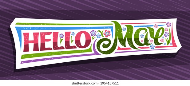 Vektorbanner Hallo Mai, weißes Frühlingskonzept mit locker kalligrafischer Schrift, Illustration von bunten Blumen, dekorative Grußkarte mit einzigartiger, handgeschriebener Schrift hello kann auf violettem