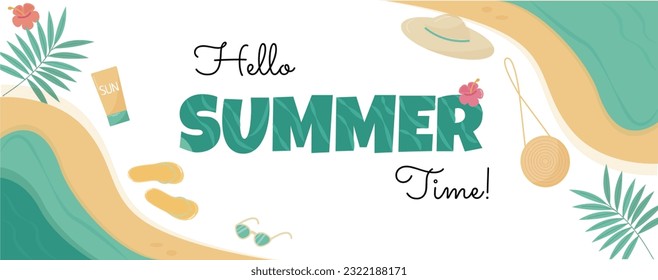 Vektorbanner Hallo Sommerzeit mit Strand und Sand Elemente 
