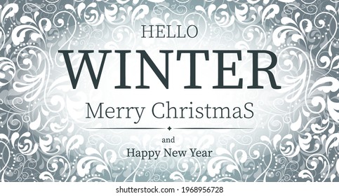 Vector banner. Hello winter, christmas, new year. Monogram pattern.