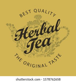Vector banner for a herbal tea with doodle elements and calligraphic inscription. Illustration with a teapot or kettle consisting of various hand-drawn herbs in retro style.