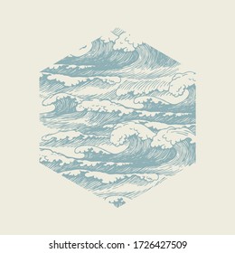 Vector banner of hexagonal shape with hand-drawn waves in retro style. Decorative illustration of the sea or ocean, stormy waves with white breakers of sea foam