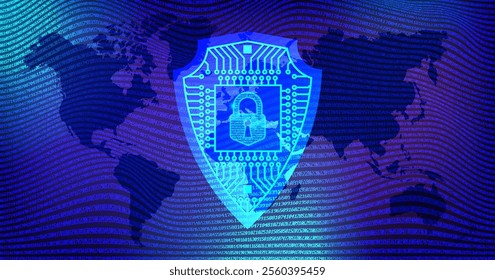 Vector banner of high computer technologies. Digital data protection. World map, glowing shield with closed lock and microcircuit. Planetary Internet. Virtual space. Antivirus protect.