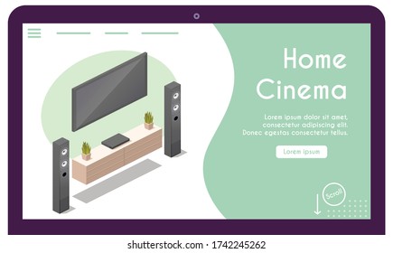 Vector banner of home cinema in isometric view. Flat screen TV, DVD player, floor standing speakers, plants. Illustration of appliance for modern design interior. Banner template design, landing page