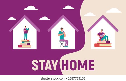 Vector banner with homes with people inside. Stay home and Read books, study, learn and have fun, talk and chat with friends on social networks