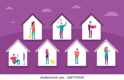 Vector banner with homes with people inside. Stay home and make cleaning, sing songs, play with the ball, watch movies, play with dog, talk and chat with friends on social networks