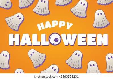 
Vector banner with honor of the Halloween holiday. Cute ghosts on an orange background with congratulations on the main autumn holiday.
