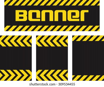 Vector banner with horizontal yellow and black lines on the corrugated metal surface black and three seamless horizontal same metallic background