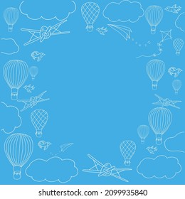 Vector banner with hot air baloons flying in the sky with place for your text, vector frame. White contour upon blue background. Vector template for cards, ads, invitations and other designs