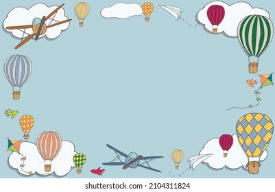 Vector banner with hot air baloons flying in the sky with place for your text, vector frame