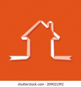Vector banner house made from ribbon. Icon of real estate. Sign for business card of realtor agency. Illustration with silhouette of cottage for print, web