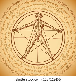 Vector banner with a human figure like Vitruvian man Leonardo da Vinci in a pentagram. Hand-drawn illustration in vintage style on the background of an old illegible manuscript written in a circle.