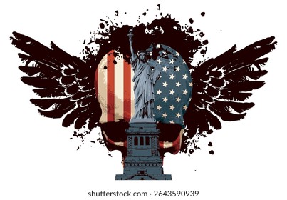 Vector banner with human skull, Statue of Liberty, American flag, spots, splashes and bird wings. Print for clothes, fabric, t-shirt design, tatoo. Halloween party. No AI used