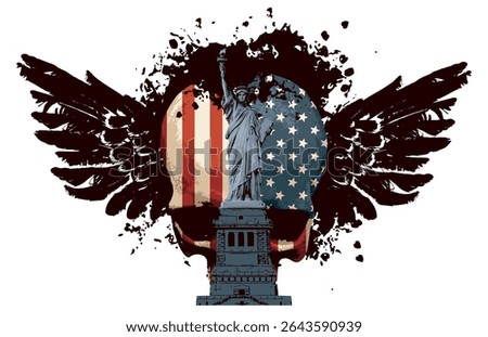 Vector banner with human skull, Statue of Liberty, American flag, spots, splashes and bird wings. Print for clothes, fabric, t-shirt design, tatoo. Halloween party. No AI used